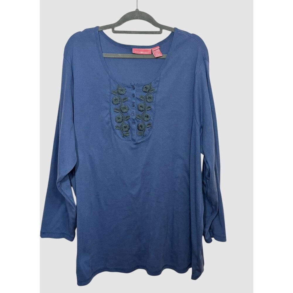 Woman Within Blue Long Sleeve Embroidered Tunic Top 3X Cotton Blend Pullover